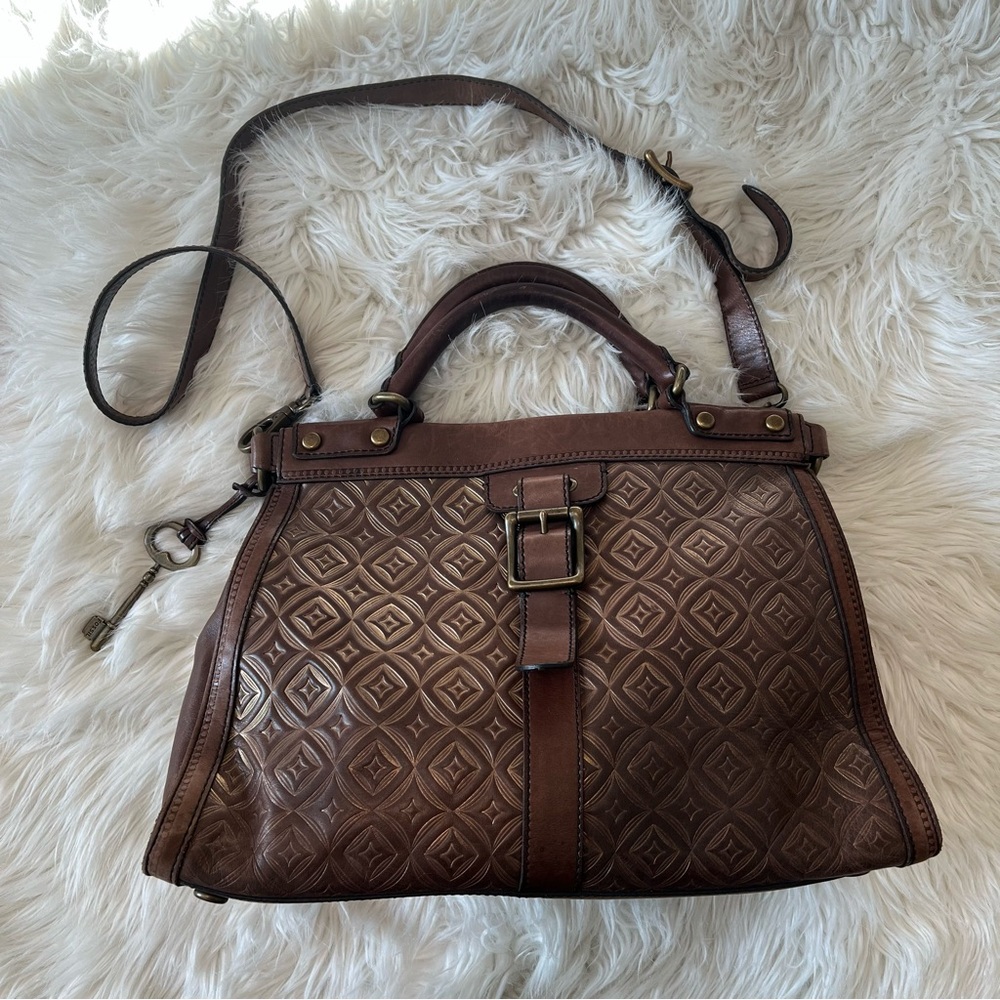 Fossil Vintage Embossed Espresso Brown & Bronze Brushed Leather Crossbody Tote